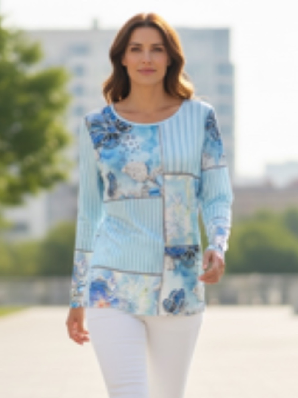 Morning Sun Long Sleeve Patchwork Style Nature Look Top Size L